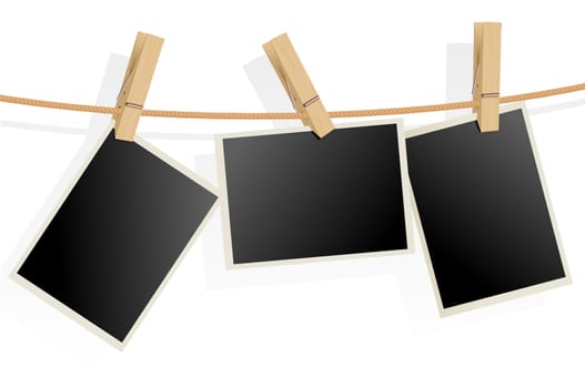 Three Photo Frames on Rope. Illustration on white background