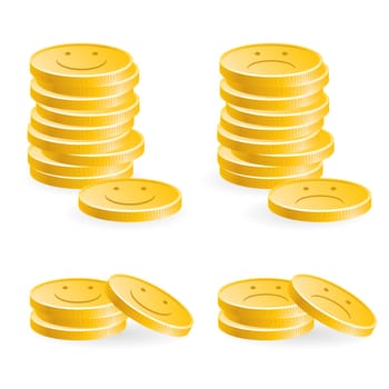 Illustration of the golden coins with smile on white background