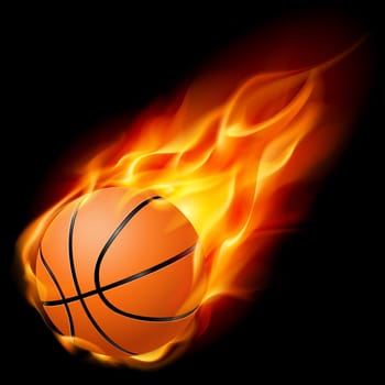 Flying basketball on fire. Illustration on black background