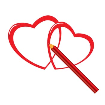 Red pencil and heart. Illustration on white background