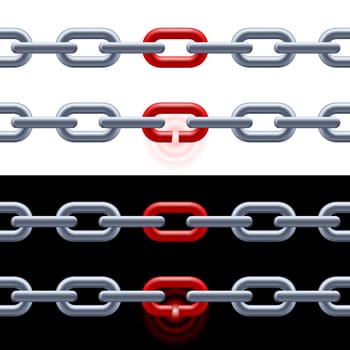 Chain with red link on white and black. Concept: Leadership, strength.