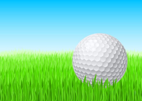 White golf ball in green grass on a blue sky.