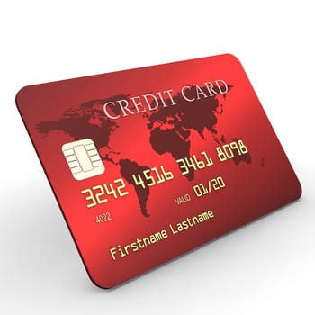 Red credit card with golden text on white background.