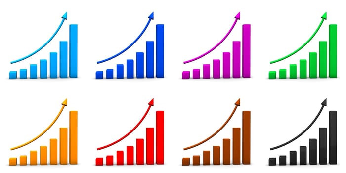 Eight multi colored chart icons on the white background.