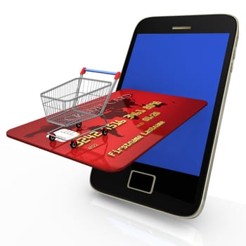 Smartphone with shopping cart and credit card on white background.