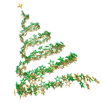 Christmas tree with green and golden stars on the white background.