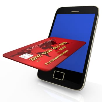 Red credit card with smartphone on white background.