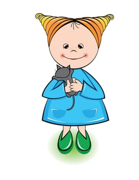 Little girl holding a kitten isolated on white