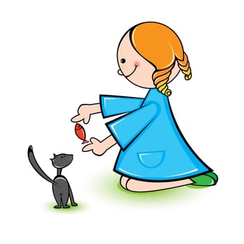 Illustration of girl with cat on a white background