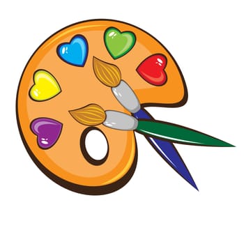 The art palette of colors in the form of hearts and brushes. Illustration on white background