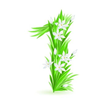 One alphabet symbol of spring flowers  - digit One. Illustration on white background