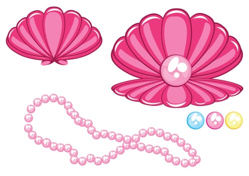 Marine cockleshell with a pearl. Illustration on white background