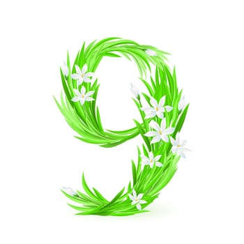 One alphabet symbol of spring flowers  - digit nine. Illustration on white background