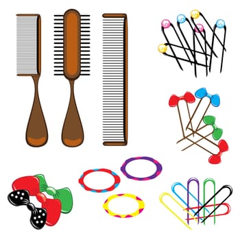 Three types of combs and a variety of beautiful hair accessories. Illustration on white background