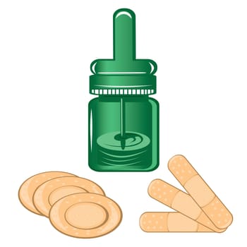 A bottle of nose drops with plasters isolated on a white background