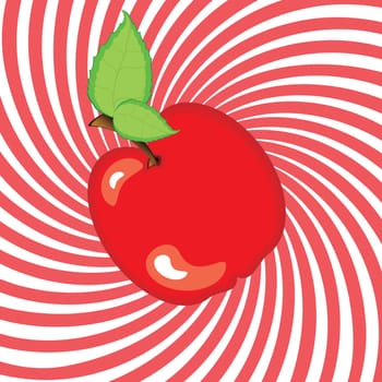 Delicious ripe apple with green leaf. Illustration on an abstract red background