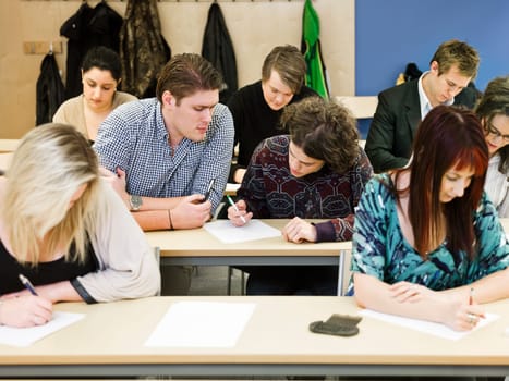Large group of young adults studying in a classroom