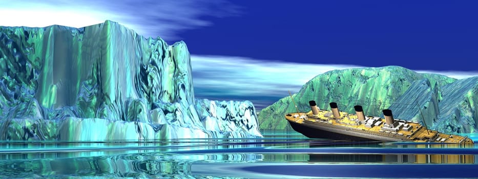 Titanic boat among next to big icebergs sinking in cold northern ocean water