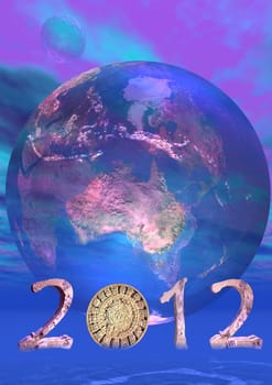 Aztec calendar instead zero in 2012 in front of a transparent blue earth