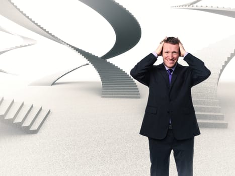 stressed man and 3d stair background