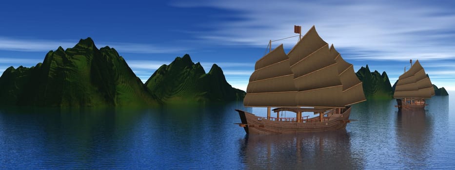 Two oriental junk boats on water next to mountains by dawn