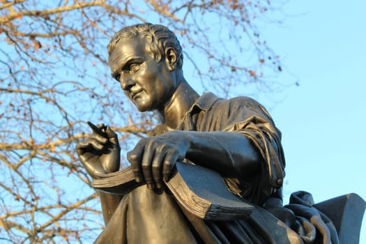 Close up of the statue of Jean-Jacques Rousseau on the Rousseau island, Geneva, Switzerland. This sculpture was created by James Pradier sculptor in 1835.