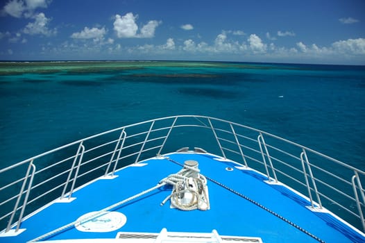 bow of a blue ship, great barrier reef near Cairns, Australia
