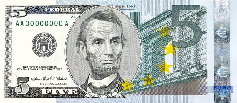 Bill of former U.S. president. Abraham Lincoln five-dollar bill combined with five Euros