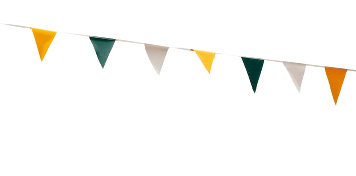 colorful festive green, yellow and white bunting flags (isolated on white background)