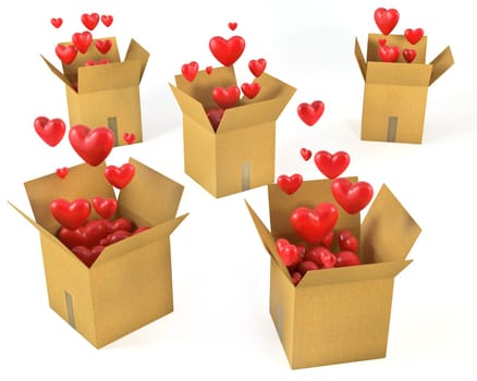 A lot of carton boxes with red hearts flying out of them, isolated on white background