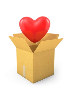 Read heart fly out of carton box, isolated on white background