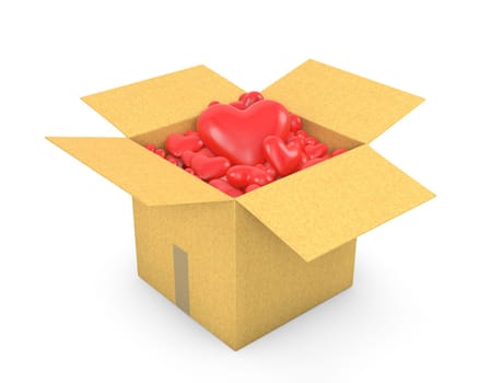 Carton box full of hearts, isolated on white background