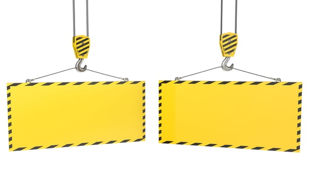 Two crane hooks with blank yellow plates, isolated on white background