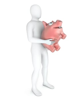 Abstract white man holds pinky piggy bank, isolated on white background
