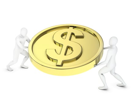 Two abstract guys carry heavy golden coin, isolated on white background