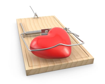 Heart caught in a mouse trap, isolated on white background