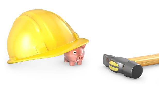 Piggy bank looks out of large helmet, isolated on white background