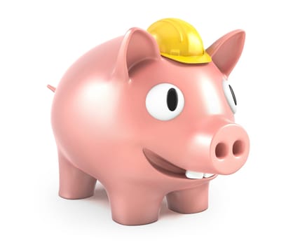 Piggy bank wears small yellow helmet, isolated on white background