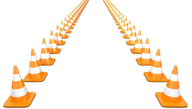 Two lines of traffic cones, isolated on white background