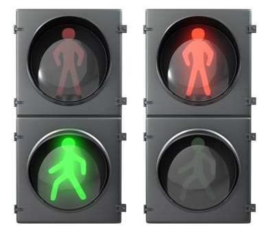 Set of pedestrian light lights with walk and go lights,front view, isolated on white background
