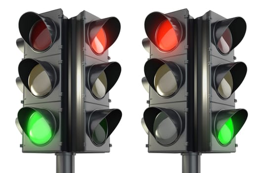 Four sided traffic light red and green variations, isolated on white background