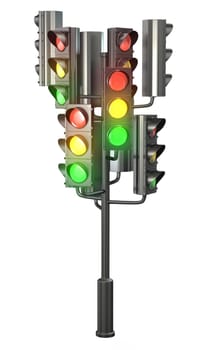 Large group of traffic lights on single stand, isolated on white