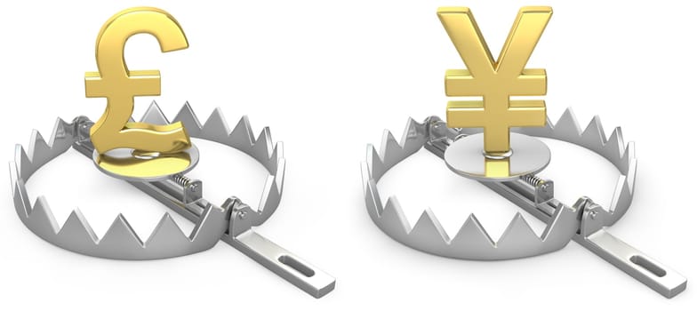 Pound and yen symbols in a bear trap, isolated on white background