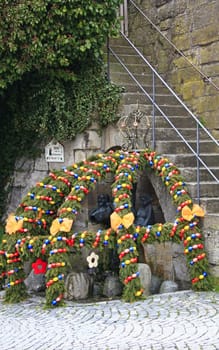 decorated Easter fountain in Kronach,Bavaria,Germany