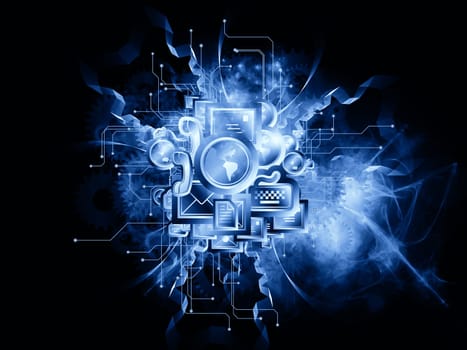 Composition of communication symbols, gears and abstract design elements on the subject of global communications, messaging, information exchange and modern technologies