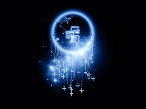 Rendering of city light map (courtesy of NASA), abstract lights and symbols on the subject of global transportation, travel, mail and shipping