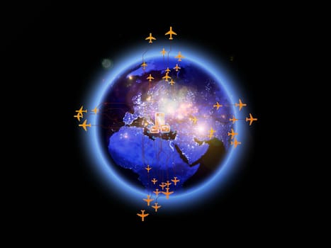 Rendering of city light map (courtesy of NASA), abstract lights and symbols on the subject of global transportation, travel, mail and shipping