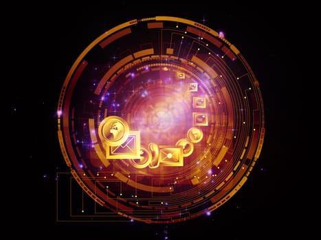 Interplay of communication symbols,  messaging icons and technological design elements on the subject of global communications, messaging, information sharing and modern technologies