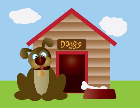Cute Puppy Dog with Dog Bone in Dish and Dog House Illustration