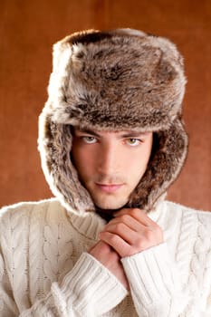 autumn winter man with brown fur  hat portrait